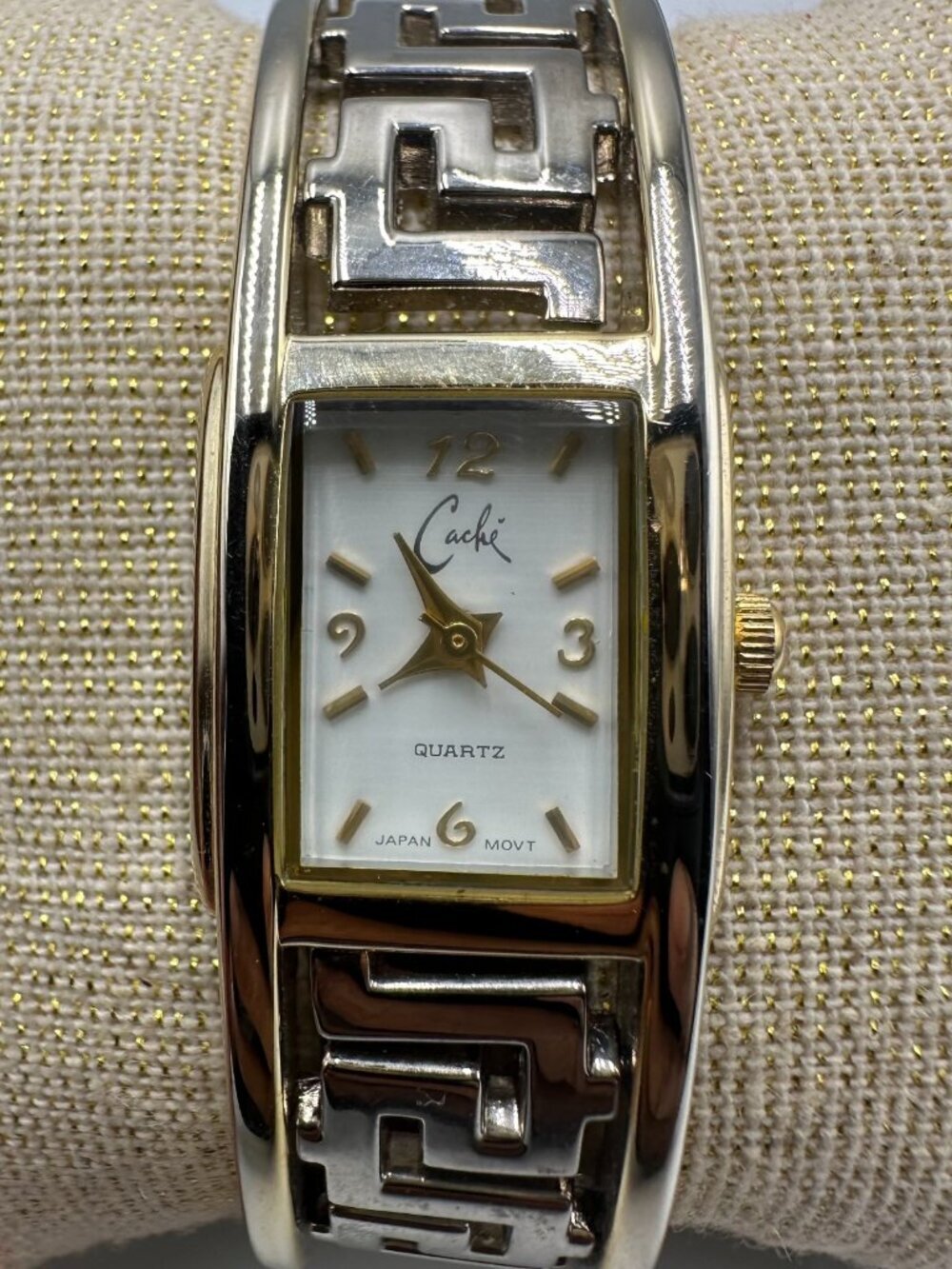 Cache Watch Women Two Tone Silver Gold Greek Key Bangle Band New Battery 6.75"